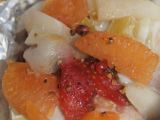 Recette Papillotes de poisson aux fruits .... pamplemousse, poires, fraises, raisins secs