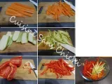 Etape 4 - Nouilles sautées au wok, crevettes marinées et petits légumes croquants.