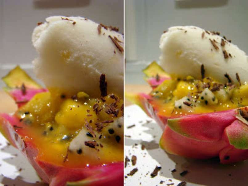 Pitahaya, mangues, fruits de la passion, salade de fruits haute en couleurs et en craquant - photo 4