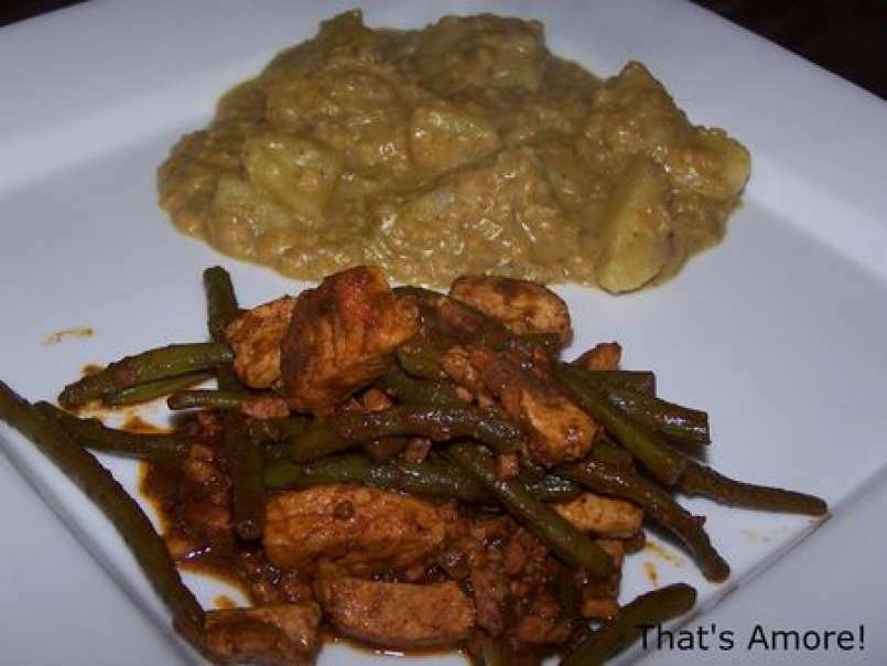 Porc Madras aux haricots verts, curry de lentilles rouges et pommes de terre