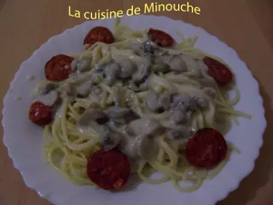 Spaghettis au chorizo, sauce aux champignons