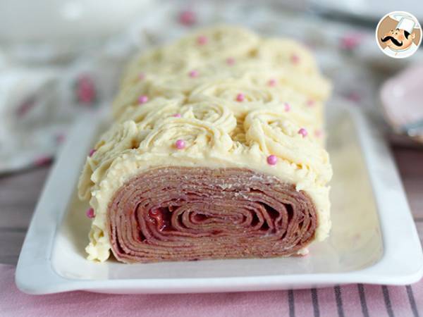 Bûche de crêpes framboise / chocolat blanc