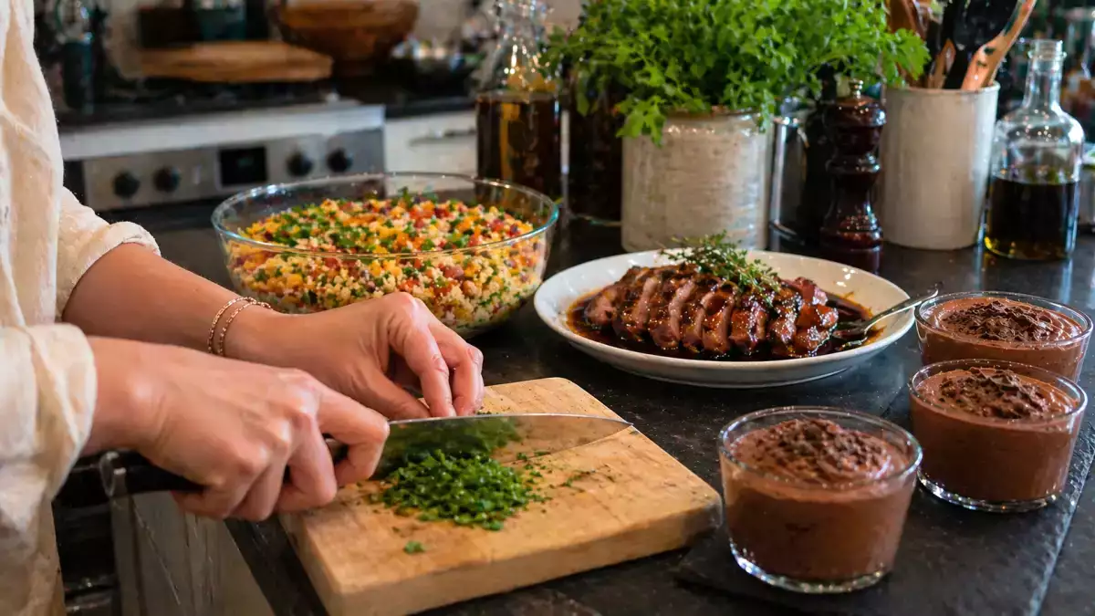 Menu du jour du 25 avril : Un repas équilibré : salade couscous, aiguillettes de canard et mousse au chocolat