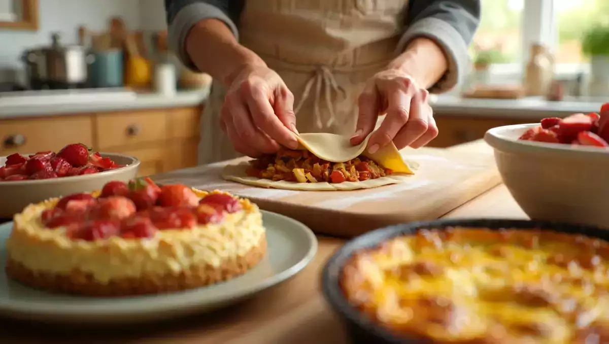 Menu végétarien, 27 mai : chaussons italiens croustillants, clafoutis de courgettes au curry et tarte à la compote de rhubarbe et aux fraises