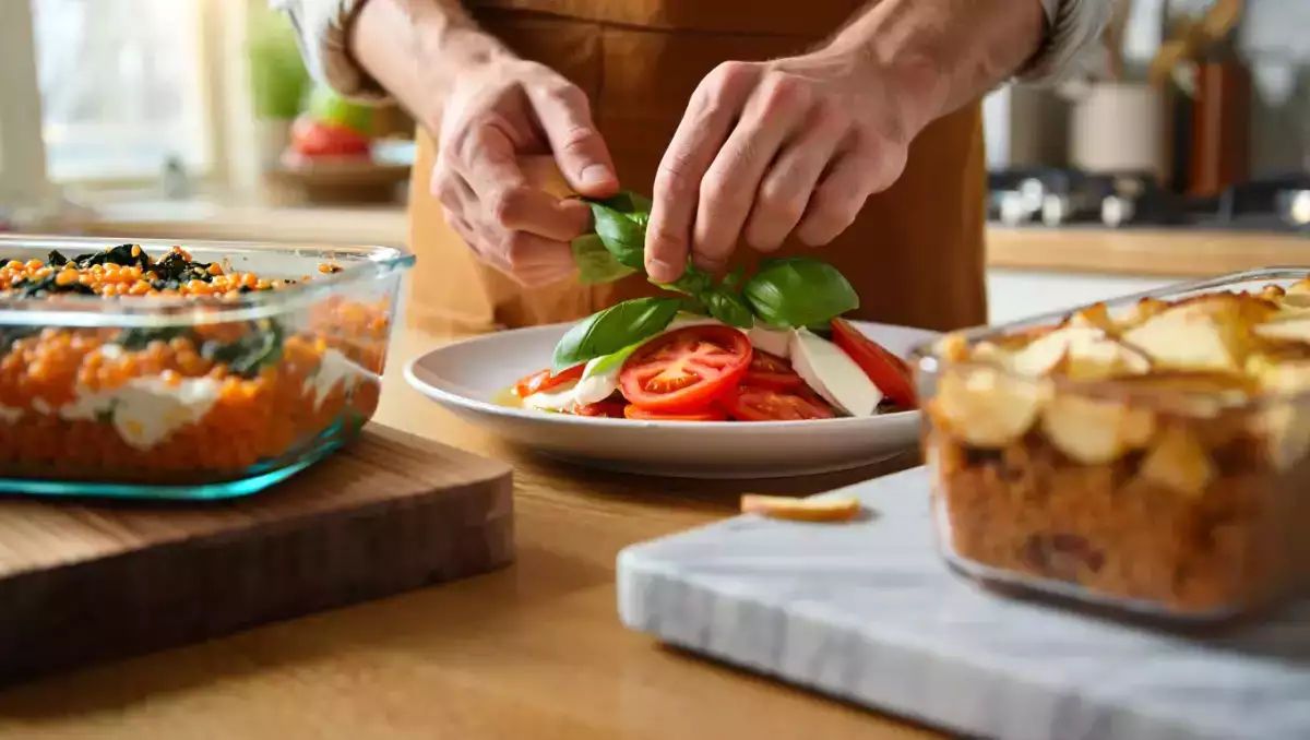 Menu végétarien, 10 juin : salade caprese, terrine de lentilles corail et gâteau invisible aux pommes