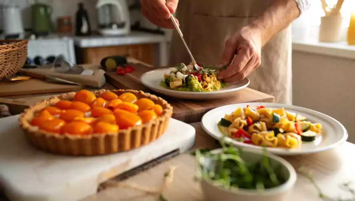 Menu végétarien, 30 juin : flan aux brocolis, des coquillettes aux courgettes et tarte aux abricots