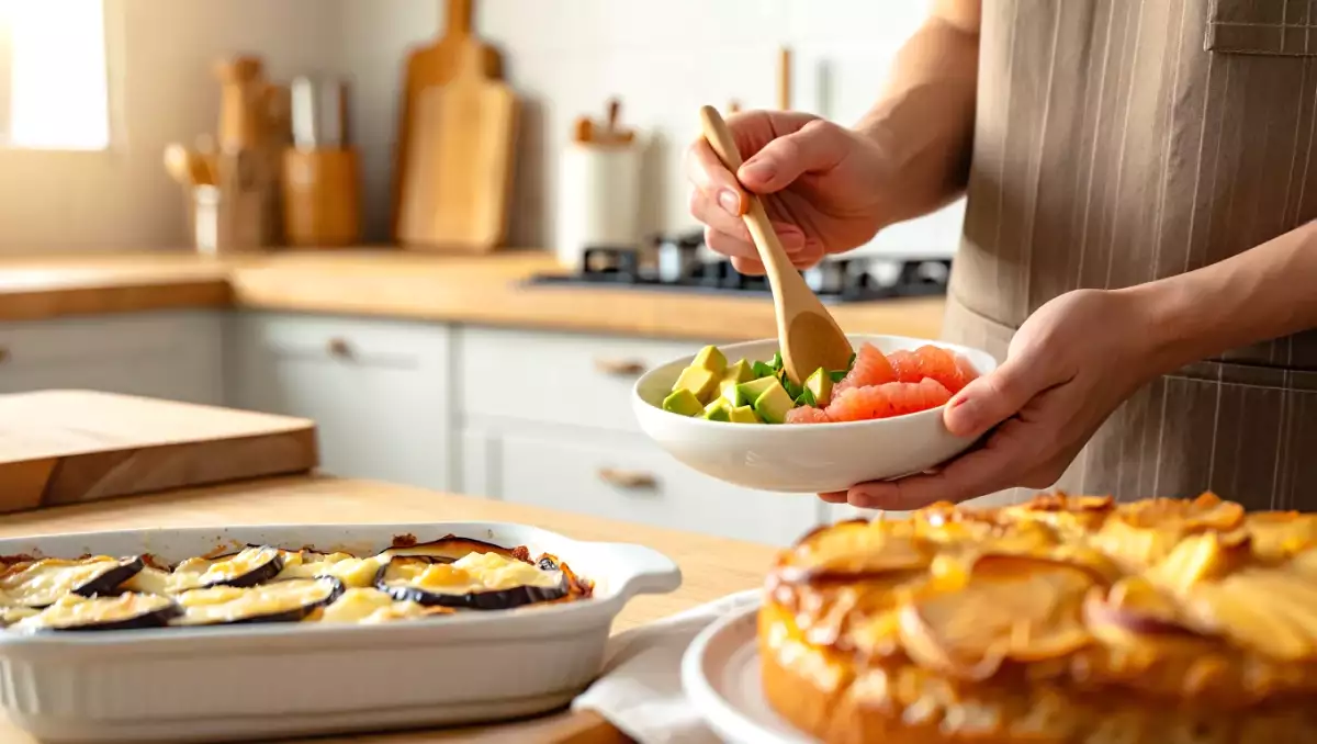 Menu végétarien, 29 juin : salade d'avocats, aubergines mozzarella, et gâteau aux pommes