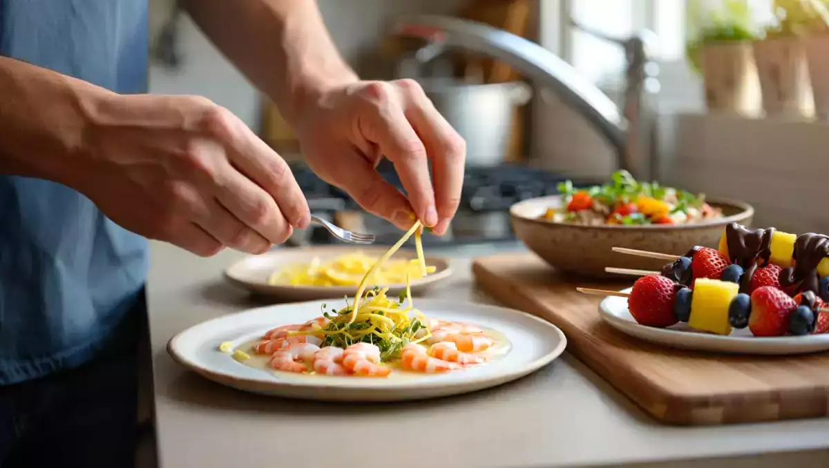 Menu sans gluten, 2 juin : carpaccio de crevettes, un ragoût végétarien et des brochettes de fruits au chocolat