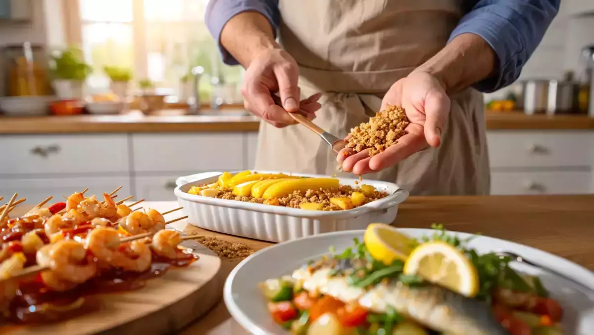 Menu sans gluten, 30 juillet : brochettes de crevettes, daurade au citron et crumble exotique