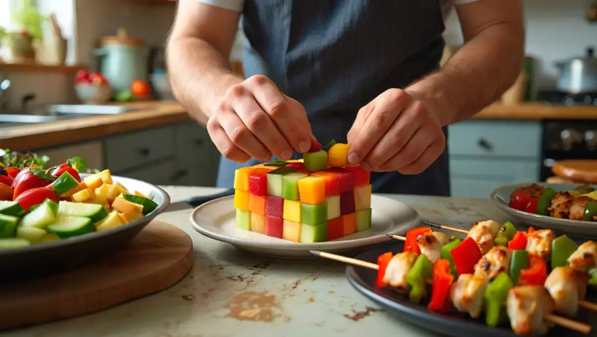 Menu sans gluten, 26 juillet : salade croustillante, brochettes de poulet et fruits design