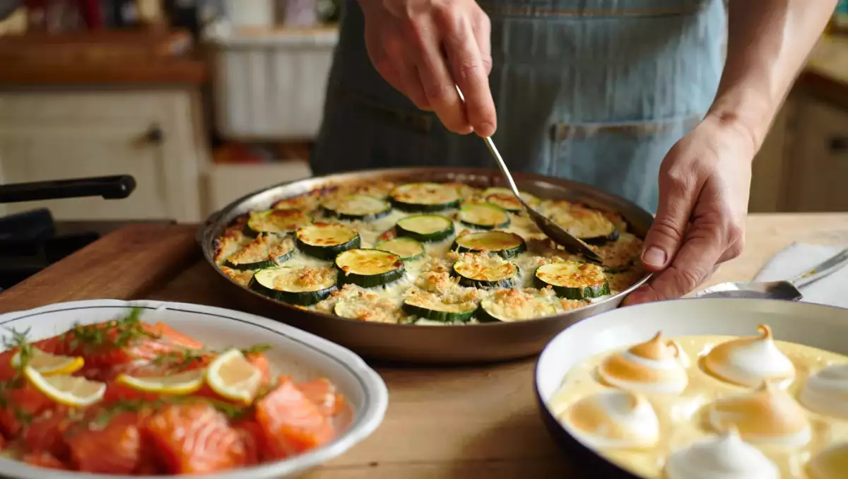Menu sans gluten, 21 juillet : fraîcheur et légèreté avec saumon mariné, courgettes parmigiana et îles flottantes