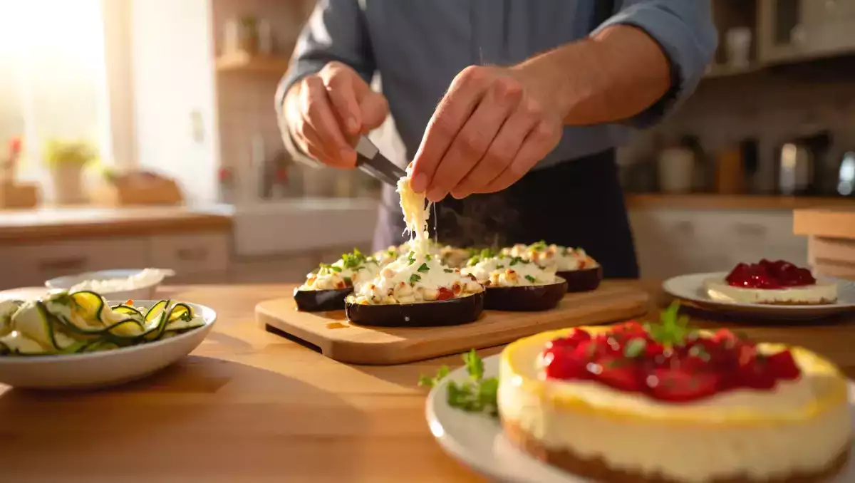 Menu sans gluten, 15 juillet : fraîcheur estivale avec carpaccio de courgettes, aubergines farcies et cheesecake fruité
