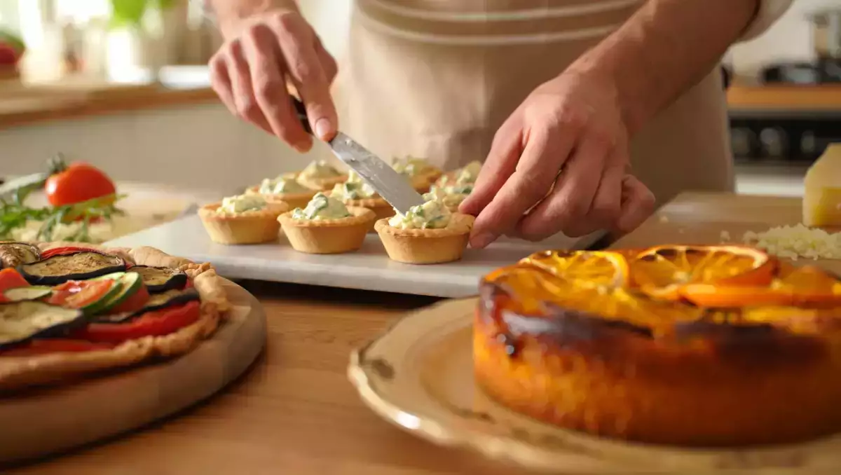 Menu végétarien, 30 juillet : mini cheese cake au gorgonzola, tarte à la ratatouille et gâteau aux oranges épicées