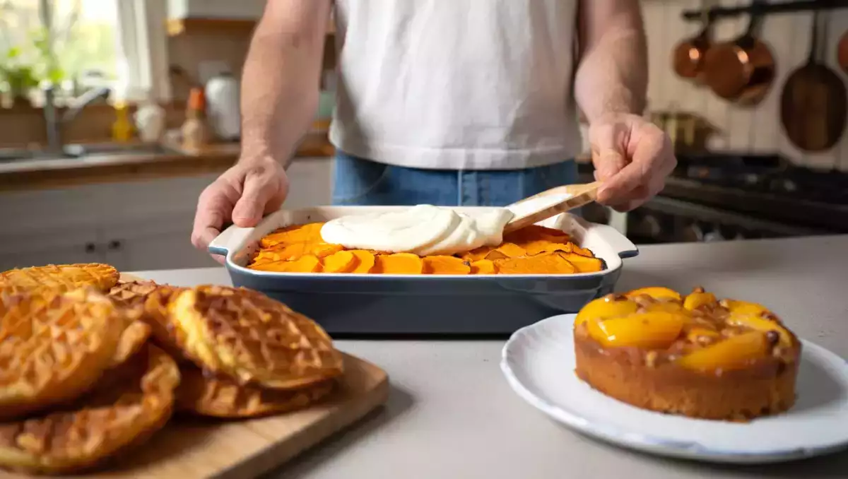 Menu végétarien, 25 juillet : un festin coloré de gauffres, gratin et gâteau aux pêches