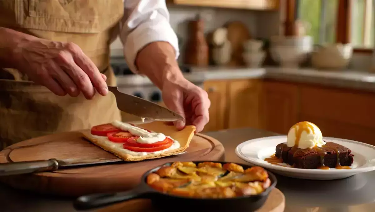 Menu végétarien, 20 juillet : mille-feuille de tomate mimosa, tatin de légumes et brownie à la poêle