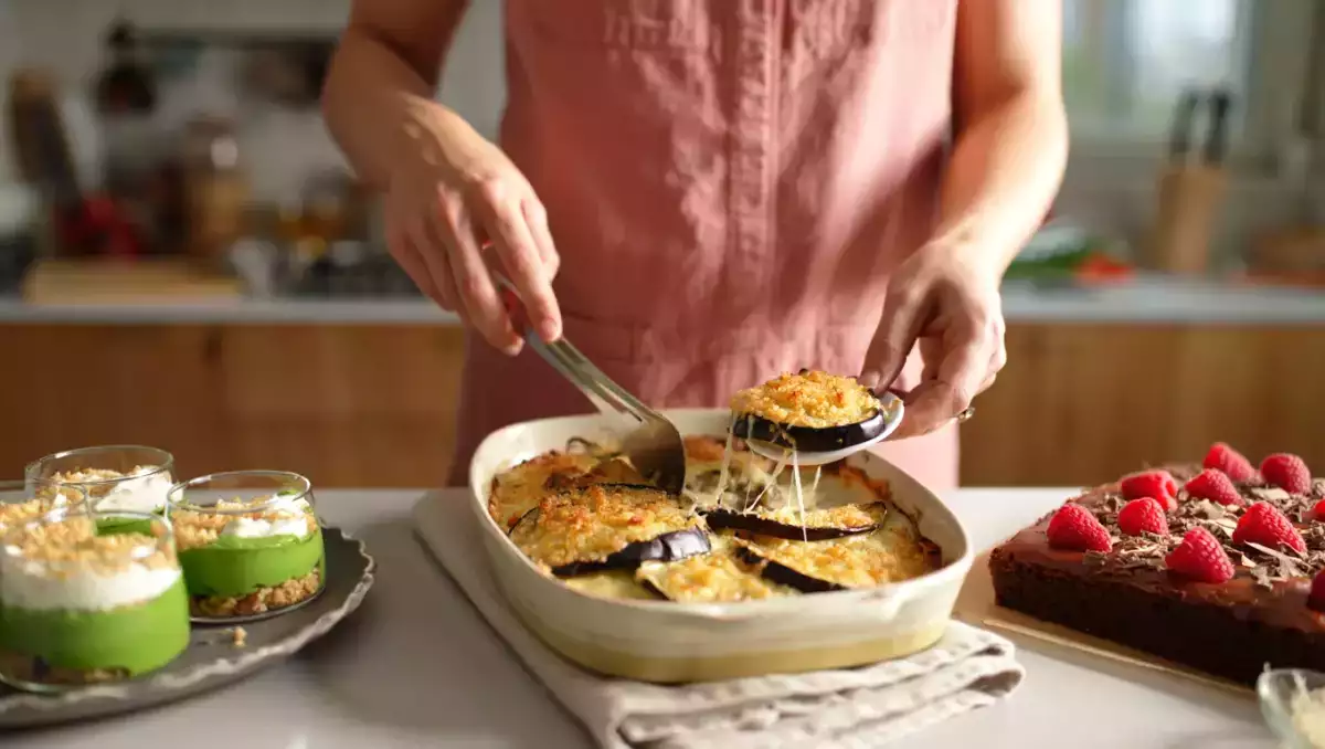 Menu végétarien, 13 juillet: verrines colorées, gratin d'aubergines et brownie framboise chocolat