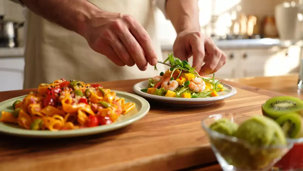 Menu du jour, 4 août : une salade de crevettes à la mangue, des pâtes sucrées-salées et un sorbet au kiwi rafraîchissant