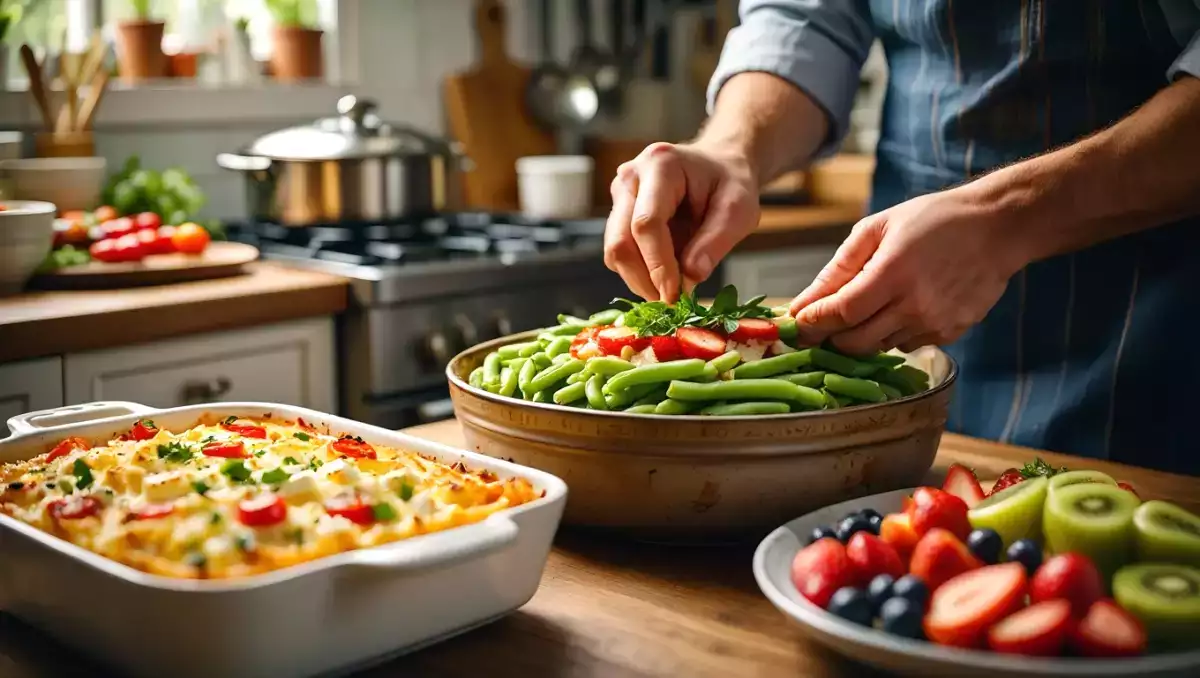 Menu végétarien, 8 août : flan aux haricots verts, tagliatelle feta et salade de fruits estivale