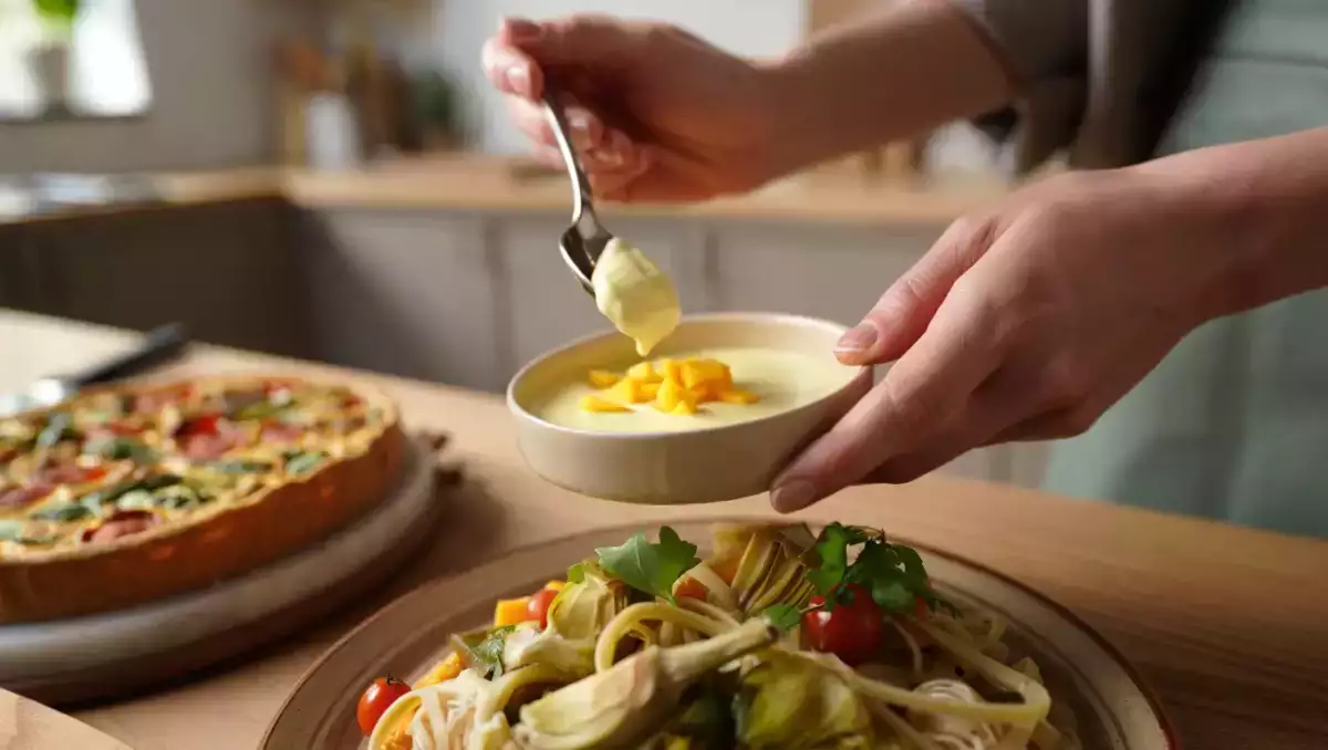 Menu végétarien, 7 août : salade de pâtes, quiche et flans coco-mangue