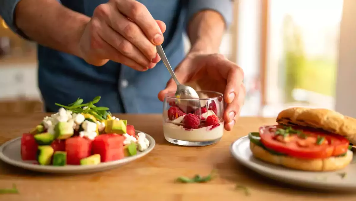 Menu sans gluten, 29 août : salade de pastèque, feta, avocat et concombre, burger de tomate, mousse de framboises