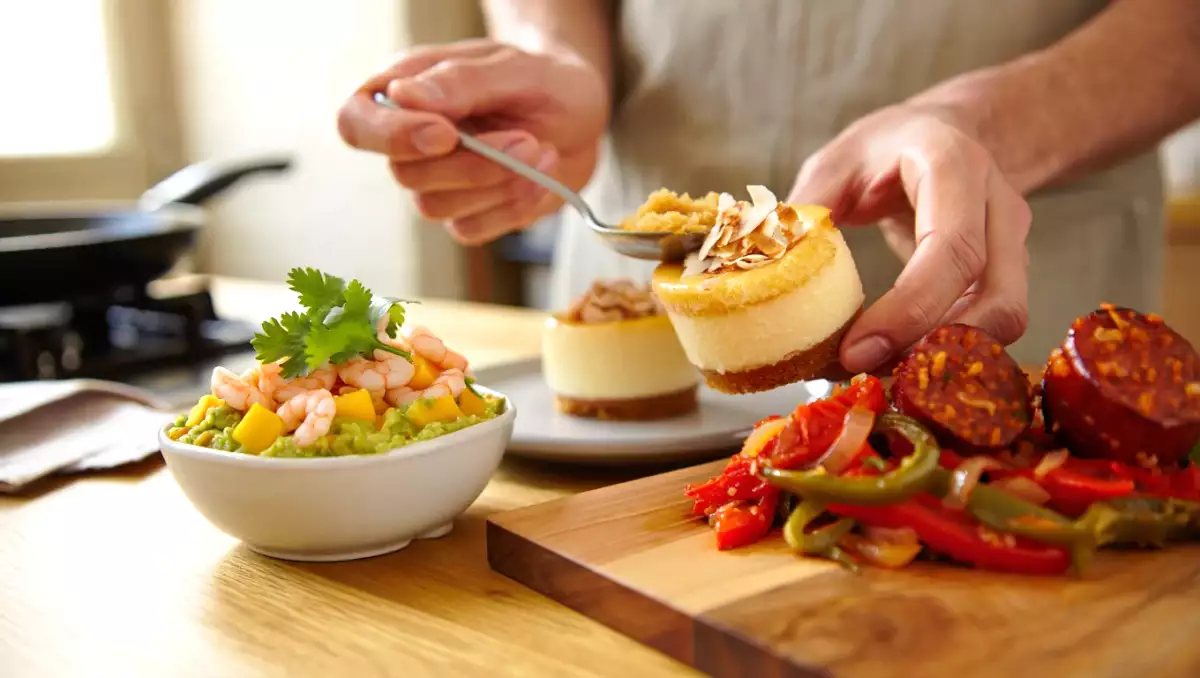 Menu sans gluten, 24 août : tartare de crevette, mangue et avocat, piperade basque, gâteau à la noix de coco