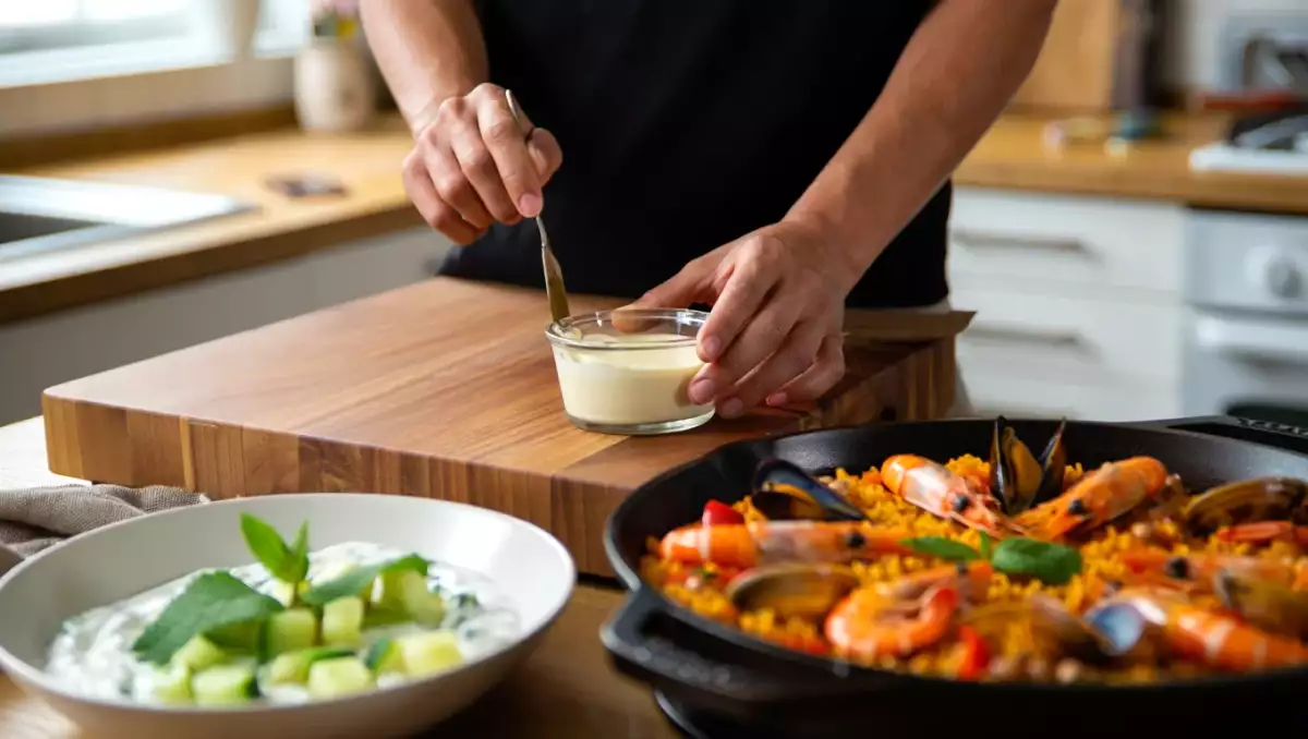 Menu sans gluten, 13 août : concombre, paella et flan express