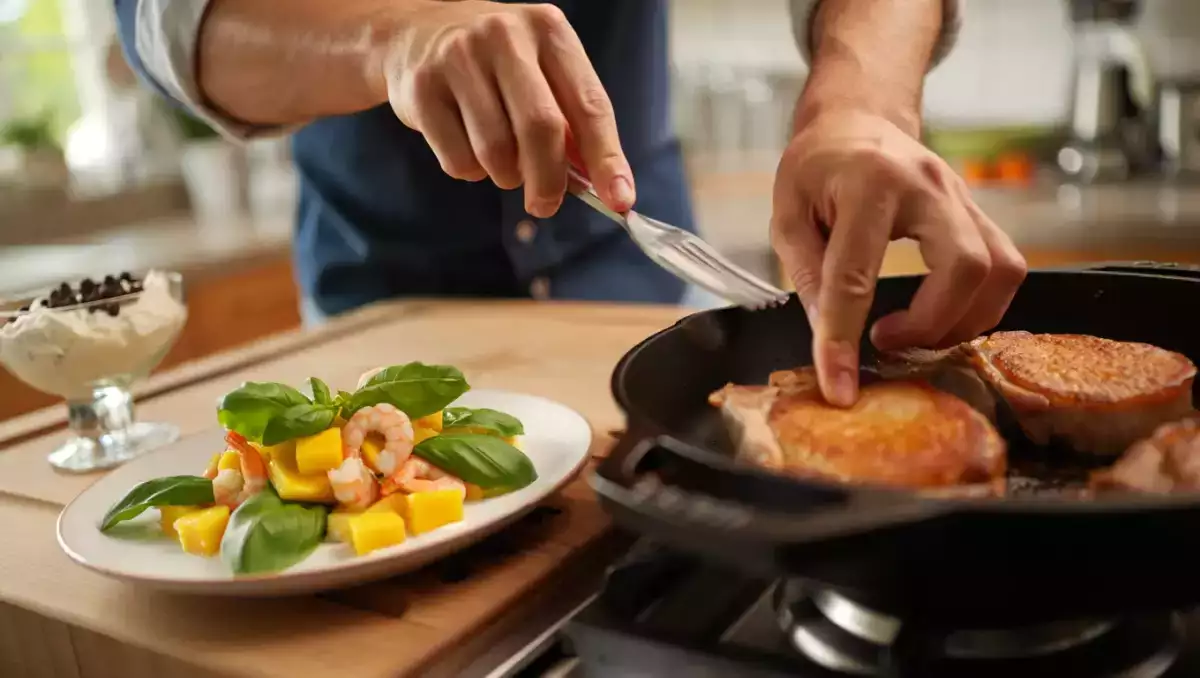 Menu sans gluten, 5 août : salade de mangue, crevettes et basilic, côte de porc cuite à la poêle, crème stracciatella allégée