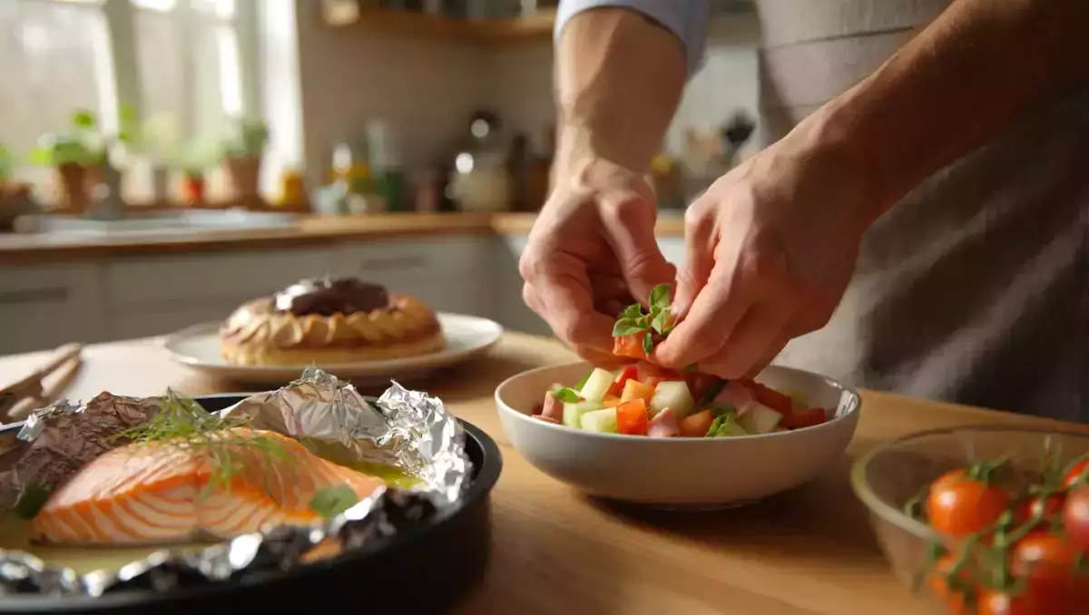 Menu sans gluten, 1 août : tartare de jambon melon et tomate, saumon à l'oseille, coulant au chocolat et aux noisettes
