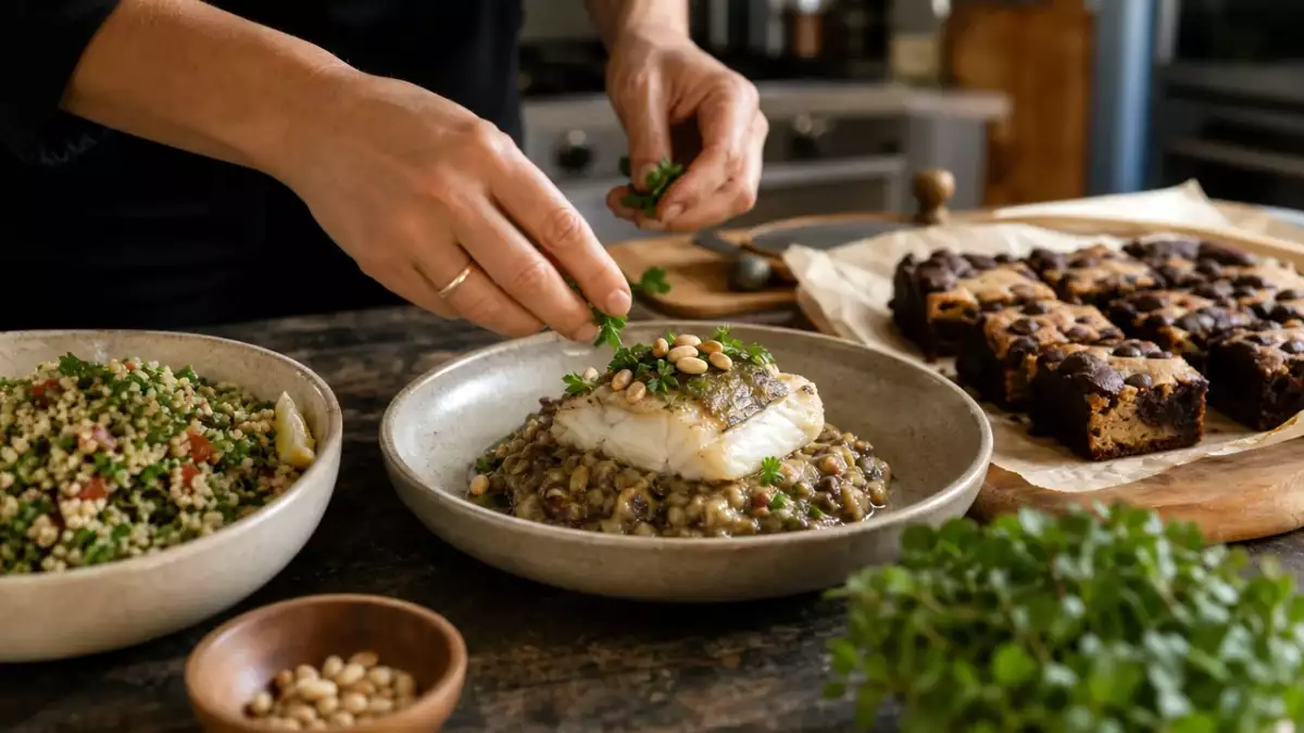 Menu du jour, 2 septembre : taboulé au quinoa, cabillaud au caviar d'aubergine et brookies gourmands