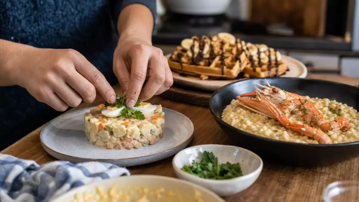 Menu du jour, 13 septembre : salade russe, risotto aux poireaux et langoustines, gaufres super protéinées