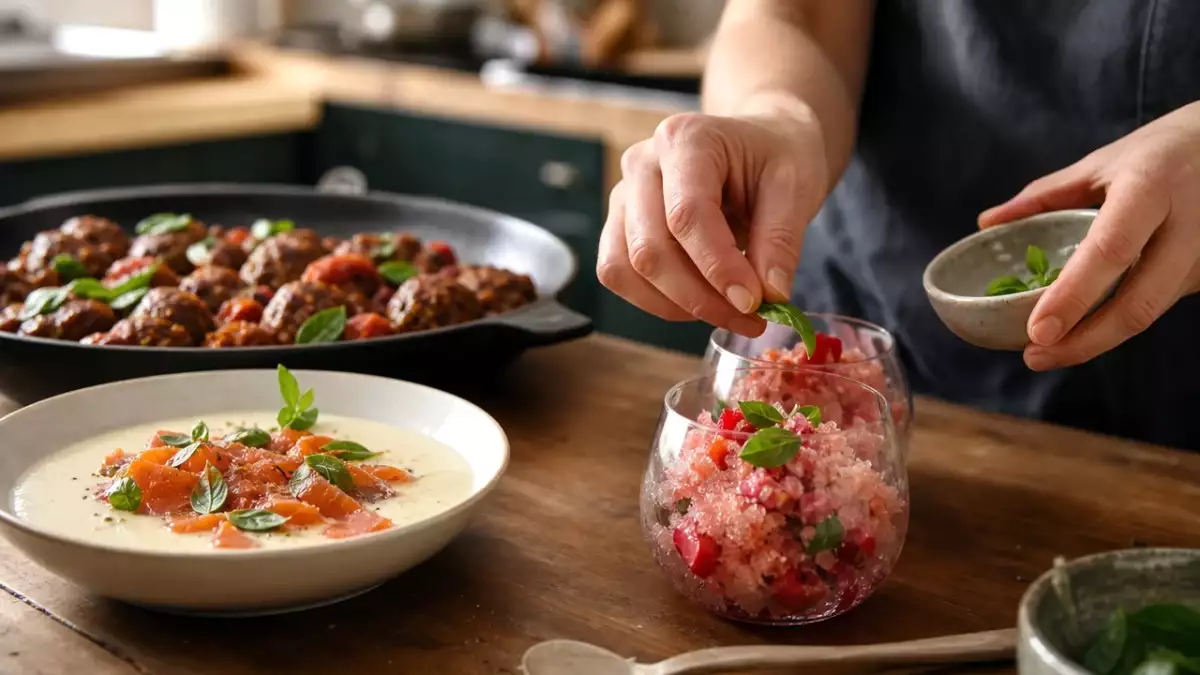 Menu du jour, 23 septembre : crème de chou-fleur, boulettes de boeuf au pesto rosso et granité nectarine