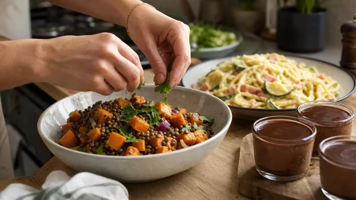 Menu du jour, 28 septembre : une salade de lentilles, des pâtes savoureuses et des crèmes au café délicieuses