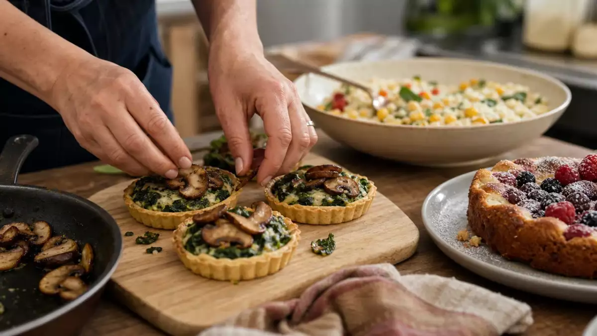 Menu du jour, 29 septembre : tartelette champignons et épinards, salade de riz et de maïs, moelleux gourmand aux fruits rouges