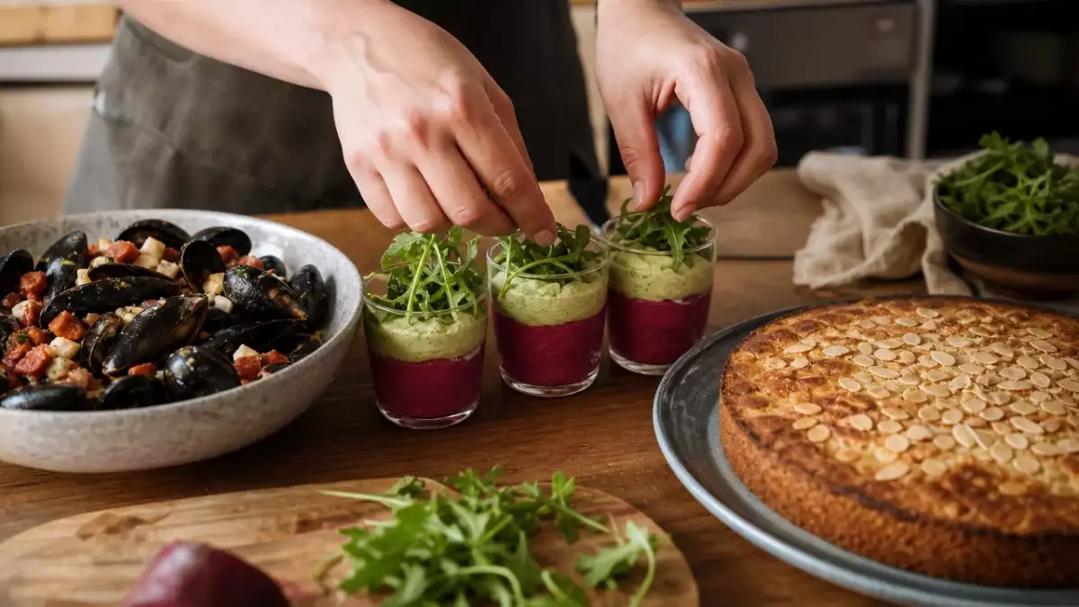 Menu sans gluten, 3 septembre : une explosion de saveurs avec des verrines colorées, des moules savoureuses et un gâteau moelleux