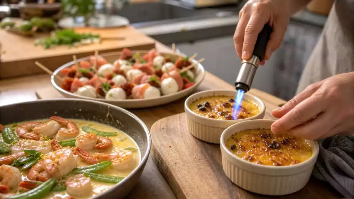 Menu sans gluten, 16 septembre : brochettes fraîches, crevettes exotiques et crème brûlée gourmande