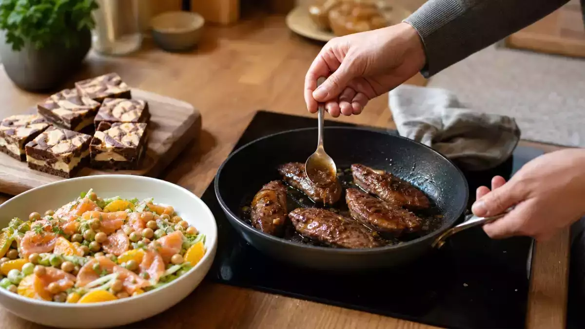Menu sans gluten, 15 septembre : salade de saumon, des aiguillettes de canard au miel, et des carrés marbrés aux deux chocolats