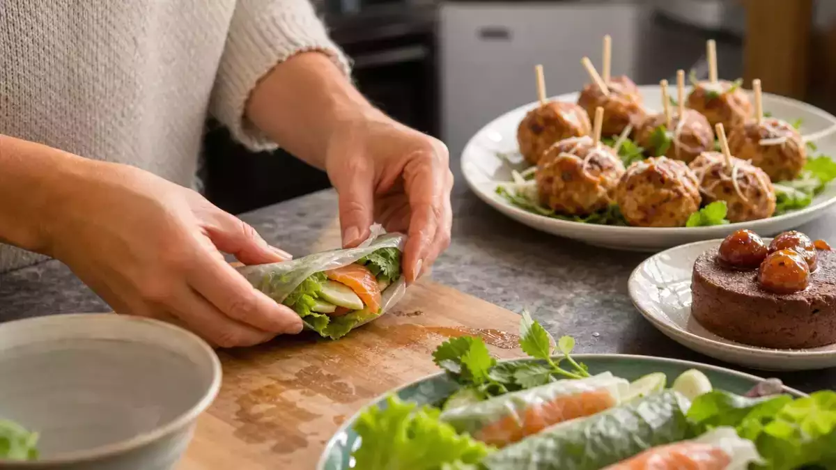 Menu sans gluten, 18 septembre : fraîcheur et gourmandise avec des rouleaux de printemps, boulettes de poulet et fondant aux marrons