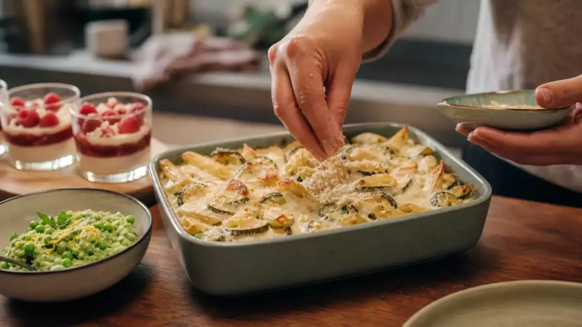 Menu sans gluten, 19 septembre : guacamole de petits pois, un gratin savoureux de pâtes et courgettes, et une délicieuse verrine chocolat blanc & framboise