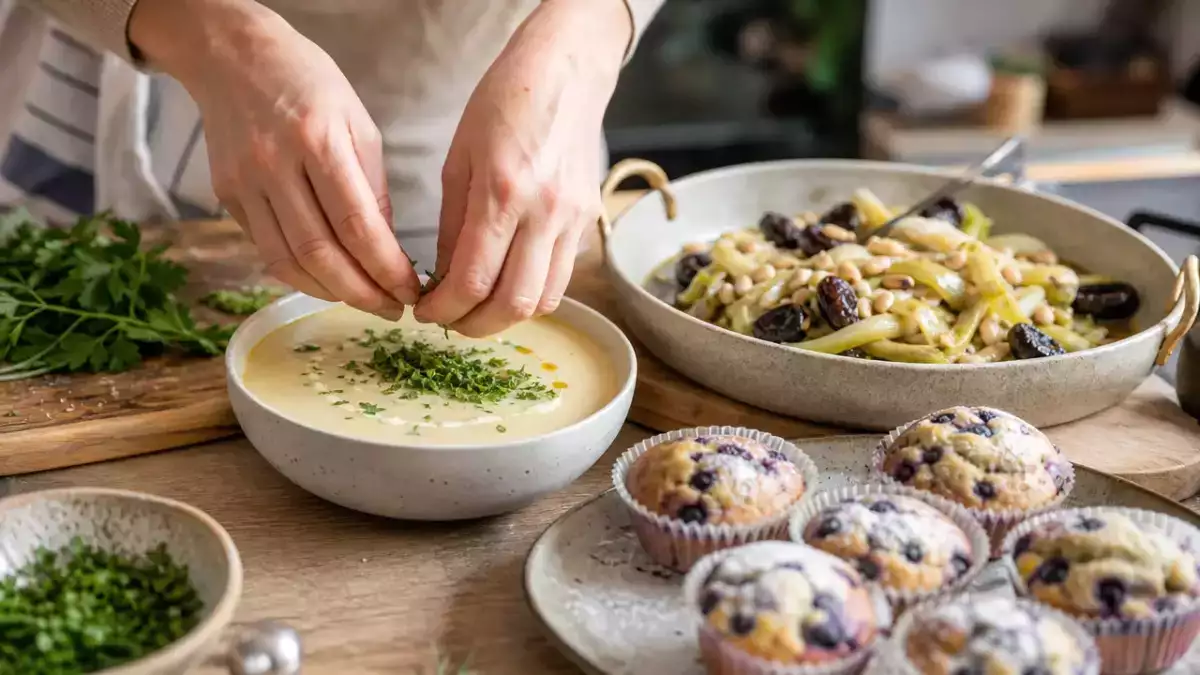 Menu végétarien, 2 septembre : soupe légère au céleri, un plat savoureux de poireaux aux pruneaux, et des muffins moelleux aux myrtilles