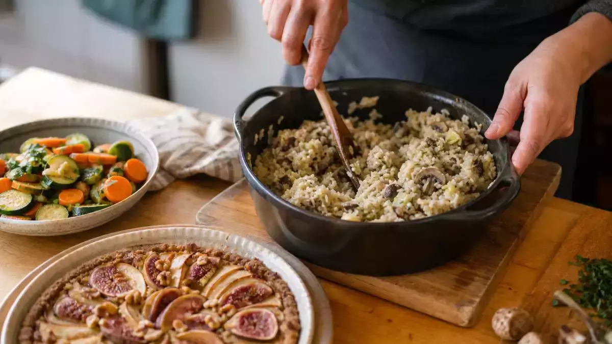 Menu végétarien, 4 septembre : poêlée colorée de courgettes et carottes, un riz savoureux au chou et champignons, et une tarte aux pommes et figues