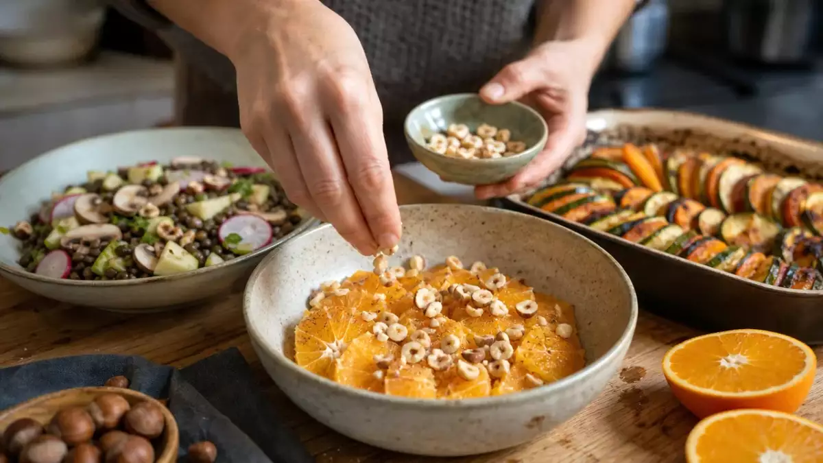 Menu végétarien, 10 septembre : entrée de lentilles croquantes, un plat réconfortant de tian et un dessert frais d'oranges parfumées