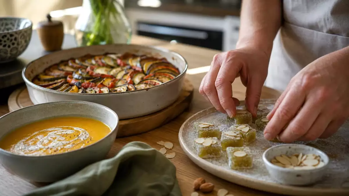 Menu végétarien, 9 septembre : soupe douce de patate douce et poireaux, un tian de légumes du soleil savoureux