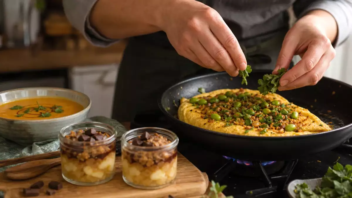Menu végétarien, 19 septembre : soupe à la courge butternut, une omelette croustillante au riz et une compote de pommes-poires