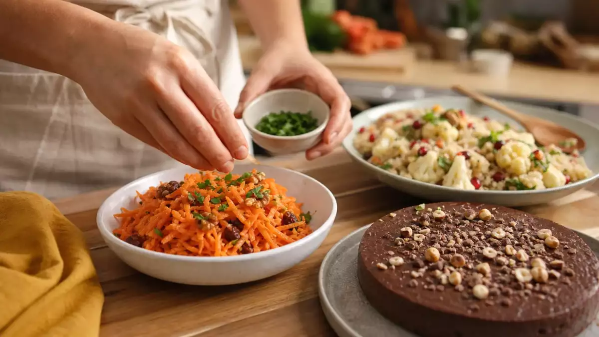 Menu végétarien, 27 septembre : salade de carotte sucré-salée, une salade de quinoa et choux-fleur, et un fondant à la châtaigne au chocolat