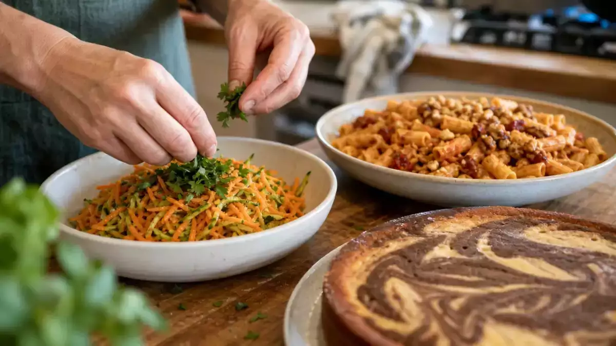 Menu végétarien, 13 septembre : carottes épicées, coudé au pesto et flan marbré