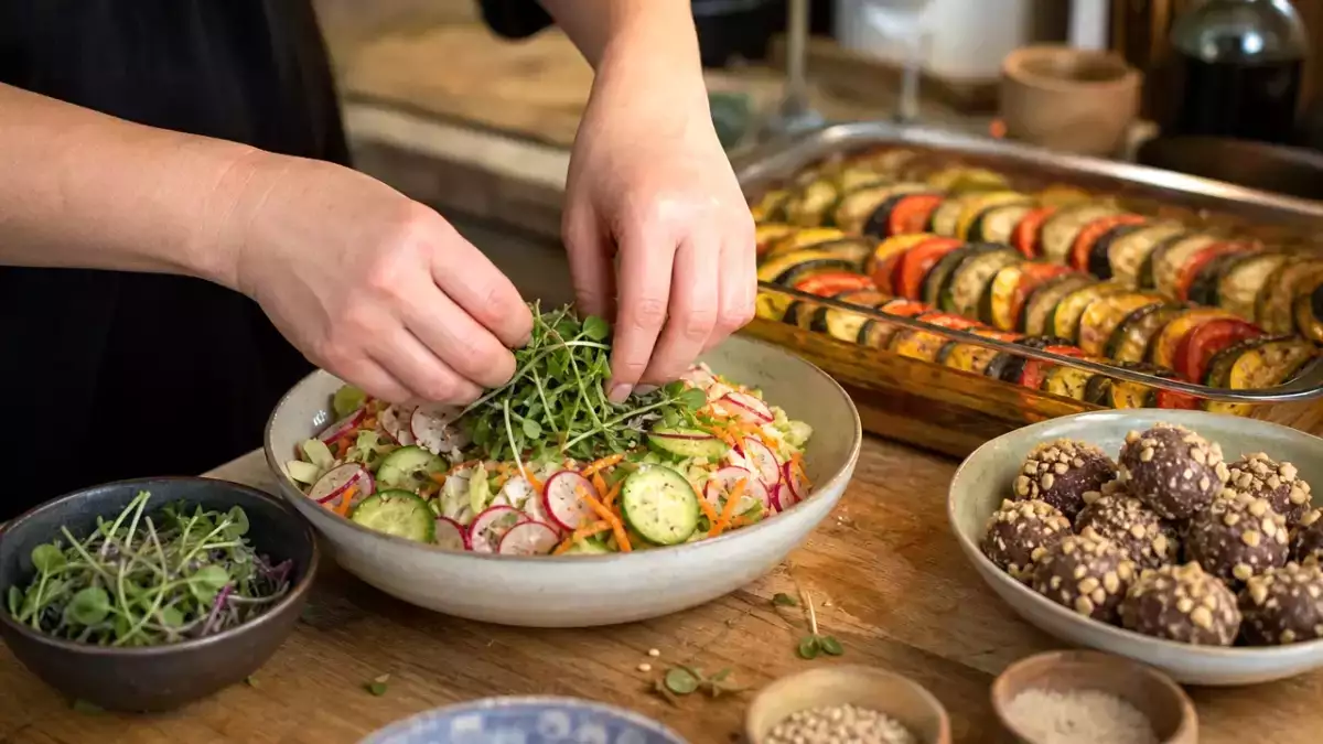 Menu végétarien, 17 septembre : salade, un tian de légumes du soleil et un délicieux brigadeiro aux cacahuètes