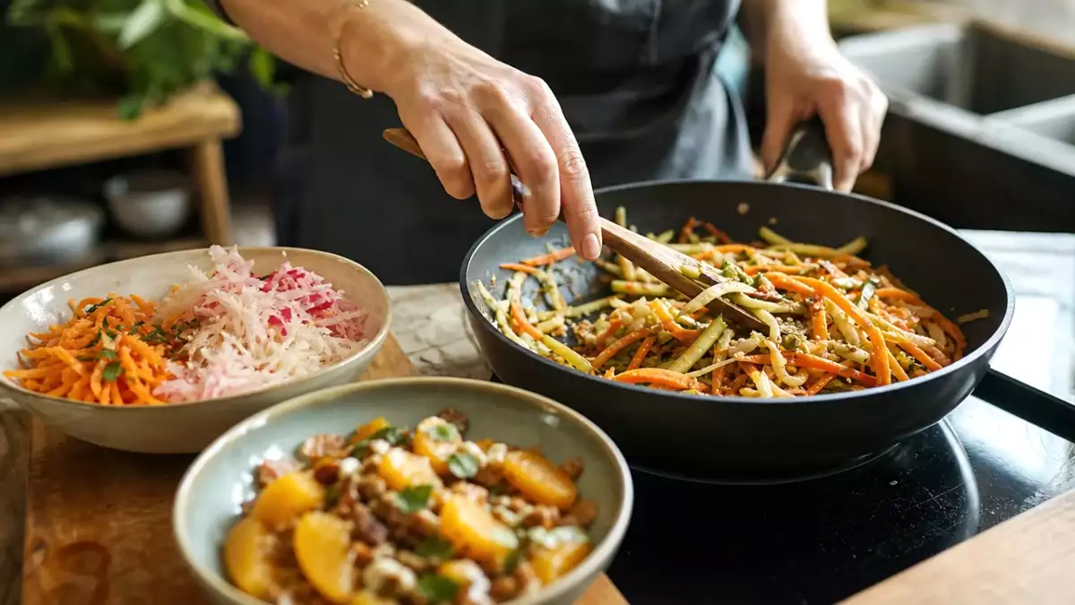 Menu végétarien, 30 septembre : un festival de couleurs et de saveurs avec des crudités, des légumes sautés et une salade d'agrumes