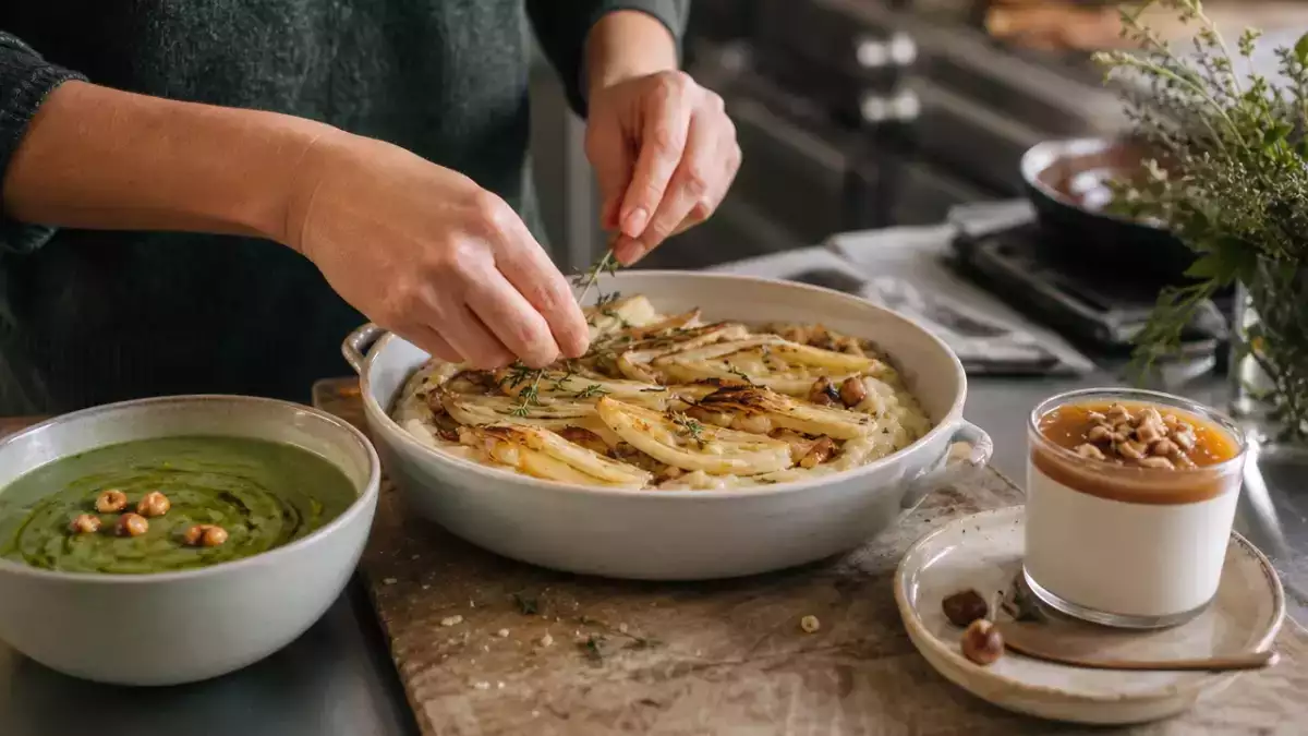 Menu végétarien, 26 septembre : soupe aux épinards, une purée fumée de céleri-châtaigne et une panna cotta gourmande