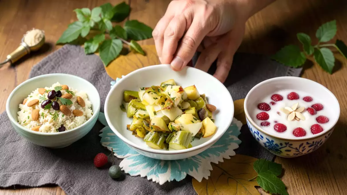 Menu végétarien, 4 octobre : semoule de chou-fleur aux raisins secs et amandes, poêlée de poireaux et pommes de terre, tapioca aux framboises et lait d'amande