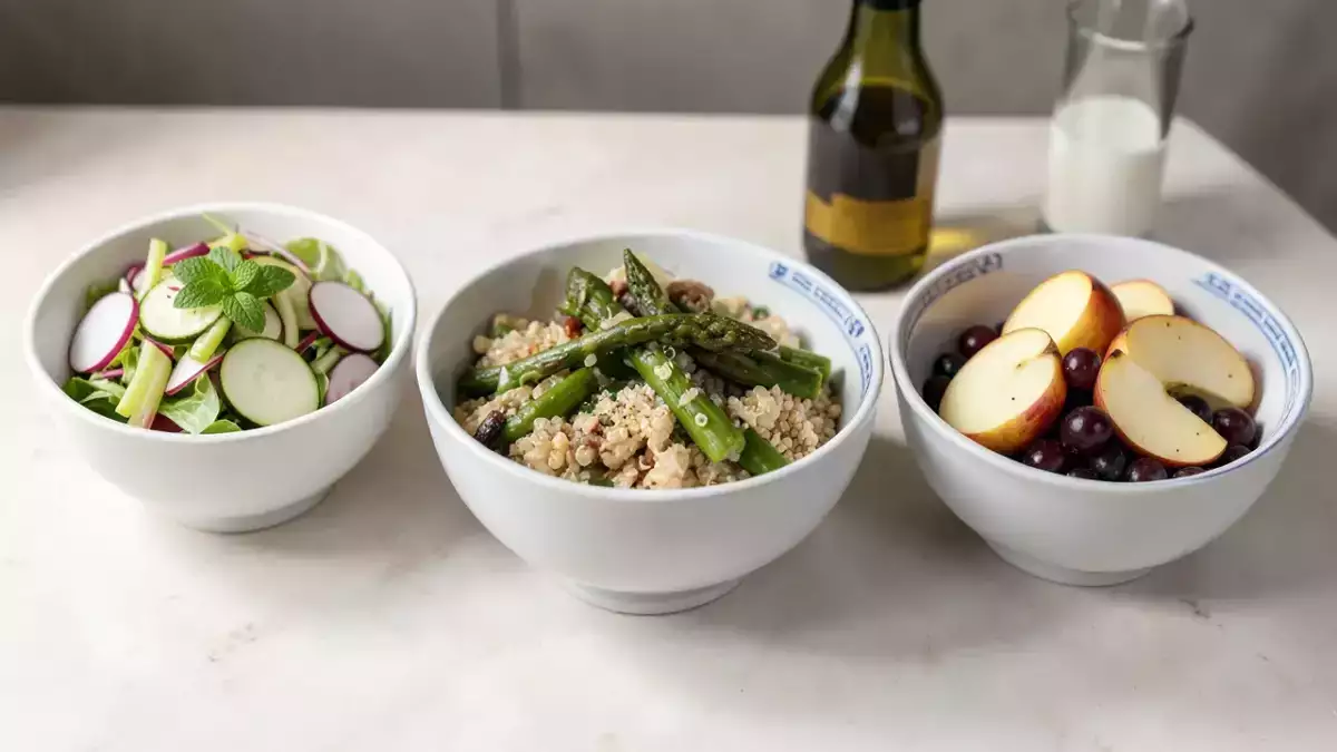 Menu végétarien, 7 octobre : salade croquante de courgette crue, asperges rôties accompagnées de quinoa, pommes au four aux raisins secs